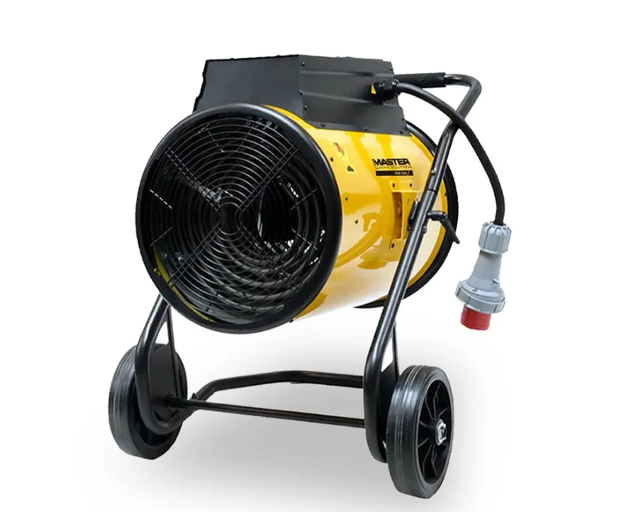 Nagrzewnica elektryczna Master RS 40 – widok produktu na okrągły wentylator, żółtą obudowę, koła, ramę transportową i wtyczkę 400 V, Techfix Radom