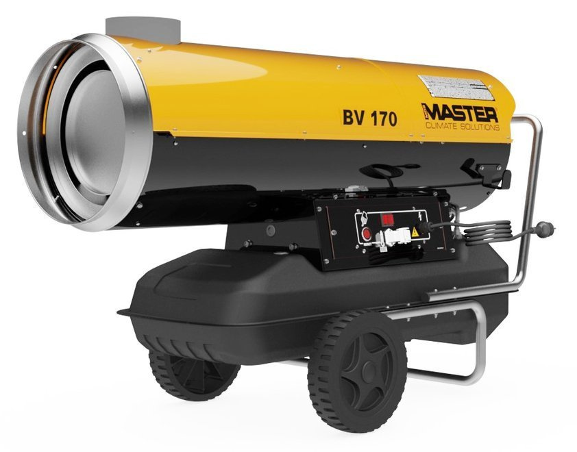 Master BV 170 – widok od frontu na okrągły wylot ciepłego powietrza, komin i koła transportowe, Techfix Radom
